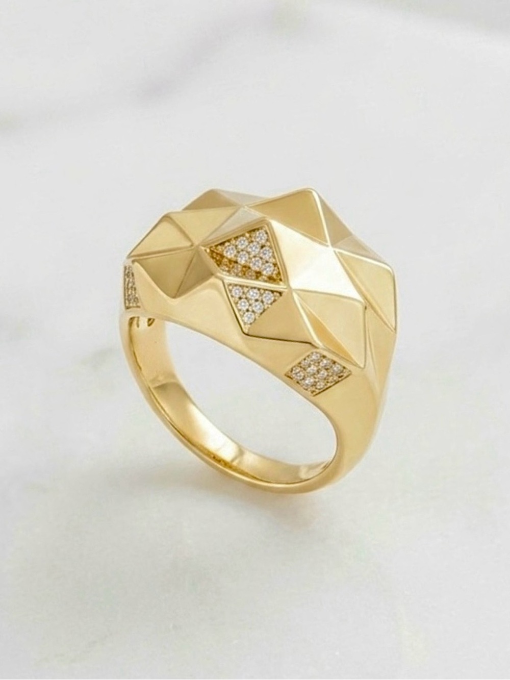 14K Gold Plated Geometric Pyramid Ring with Pavé Accents | Chunky Signet Ring